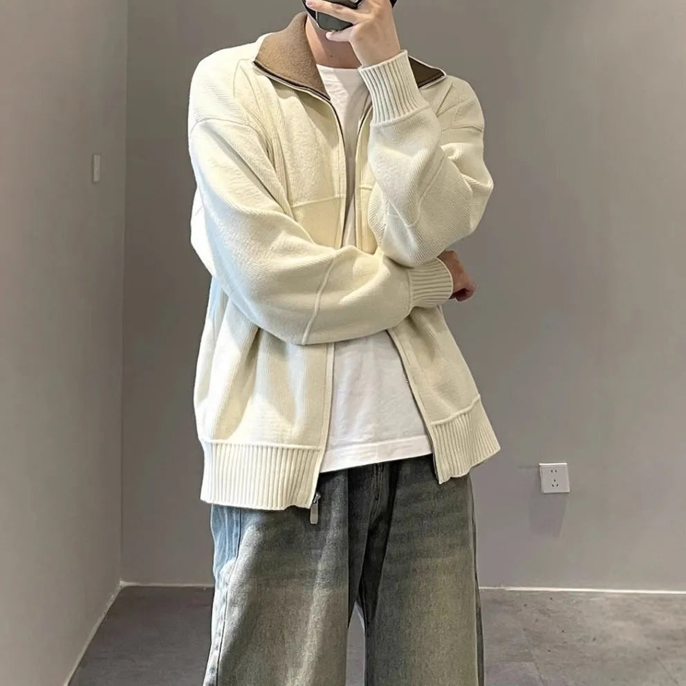 Barne style men's knitted cardigan sweater in apricot with contrast colour panels, loose fit, long sleeves, autumn casual wear