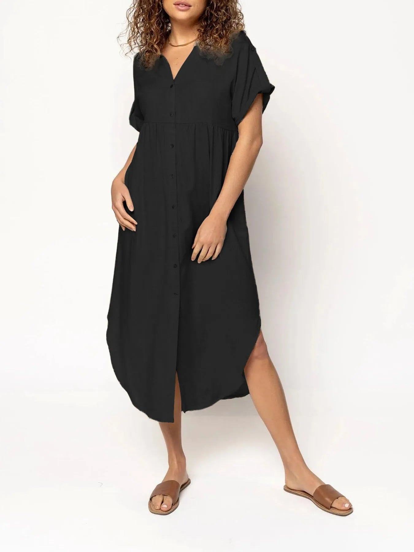 Button-front mid-length casual dress in solid colours with regular sleeves and polyester fabric