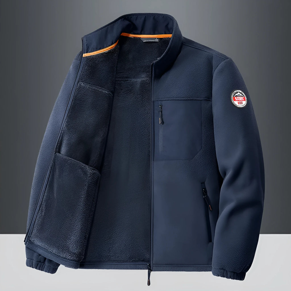 Men's grey fleece cardigan jacket with zippered pockets, shown on a model.