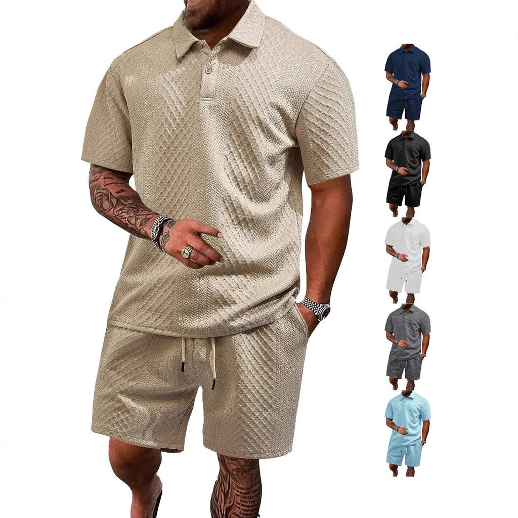 Men's patterned cloth short sleeve polo suit in light blue, shown with matching trousers.
