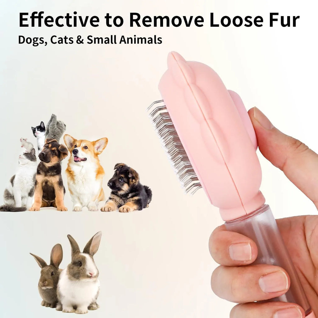 Grey self-cleaning cat brush with spray function and stainless steel bristles on a white background.