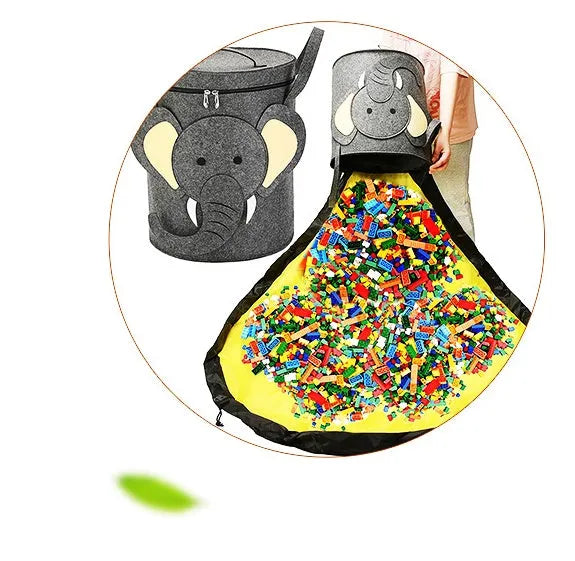 Green felt storage bag cinched closed with pull rope, shown next to it laid flat as a play mat