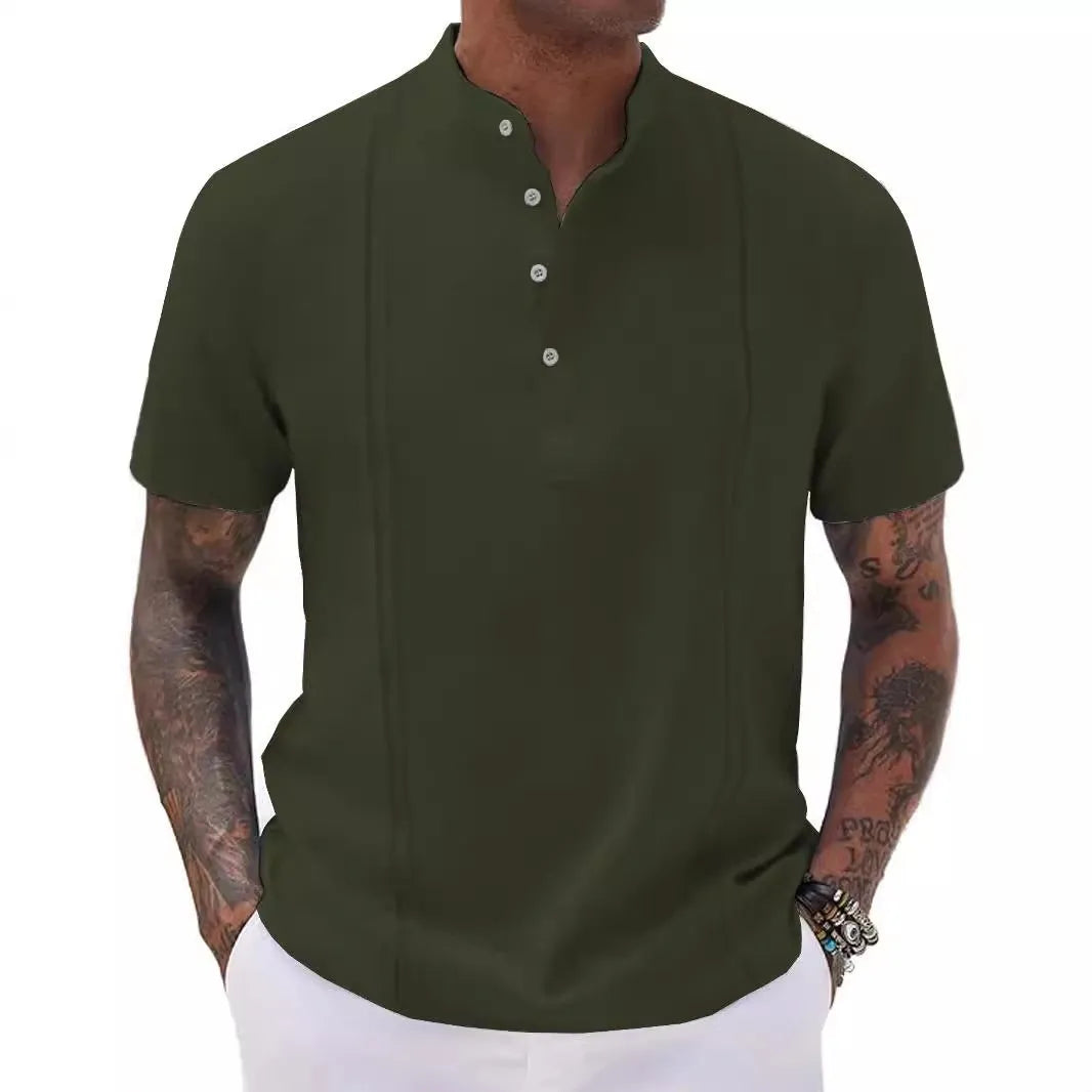Men's solid colour half-button cardigan top in short sleeve synthetic blend for summer