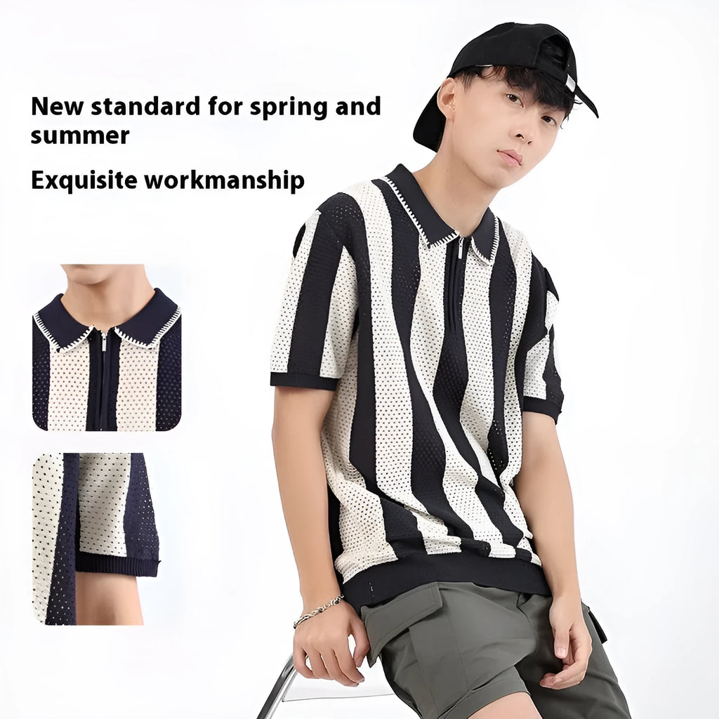 Men's striped ice silk short sleeve summer sweater with zip detail in multiple colour options