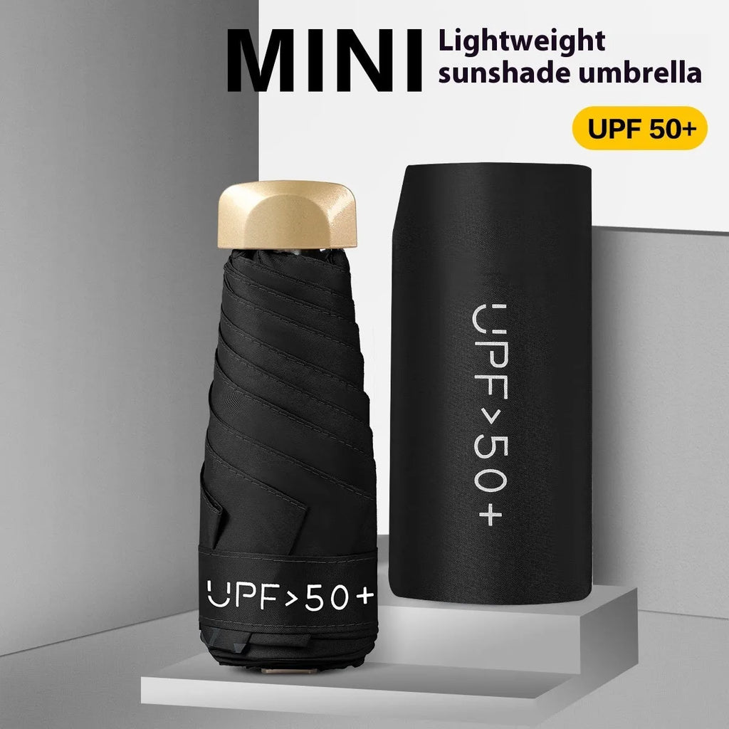 Compact five-fold sun umbrella in various colours with manual open mechanism and rubber handle