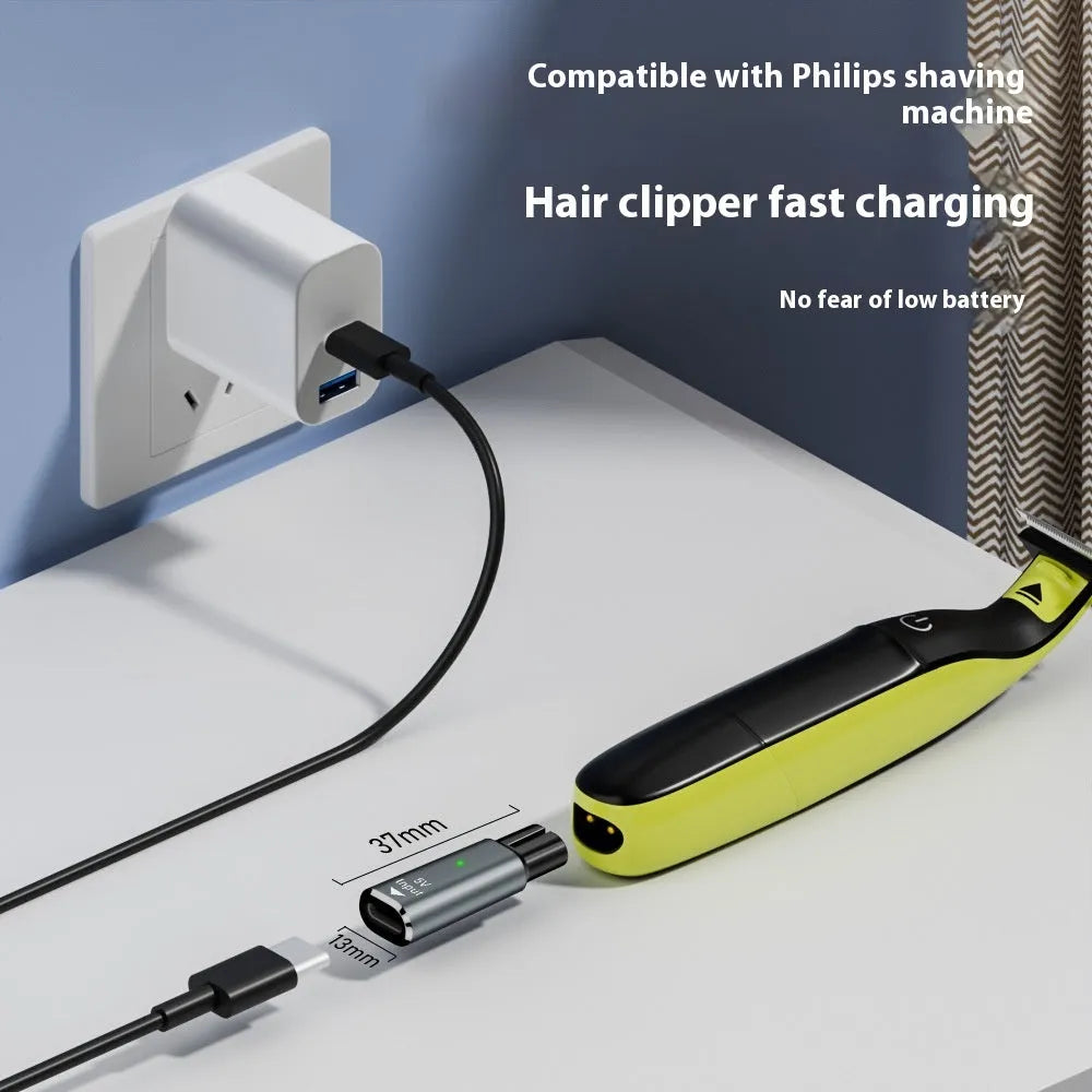 USB-C to 4.3V charging adapter for electric shavers in black aluminium alloy casing