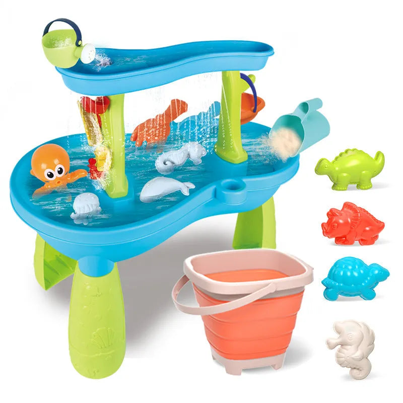 Children's plastic beach table four-layer toy set with 18 beach boat pieces for water and sand play
