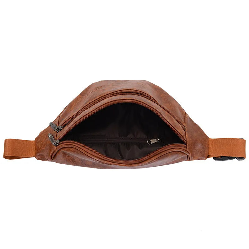 Retro PU leather casual men's waist bag in black, brown, and red colours for daily matching