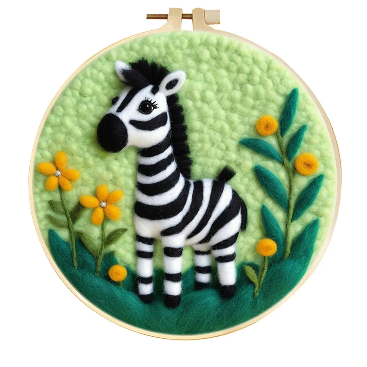 Round 20x20 cm linen embroidery kit with wool felt pieces for floral design and included embroidery frame.