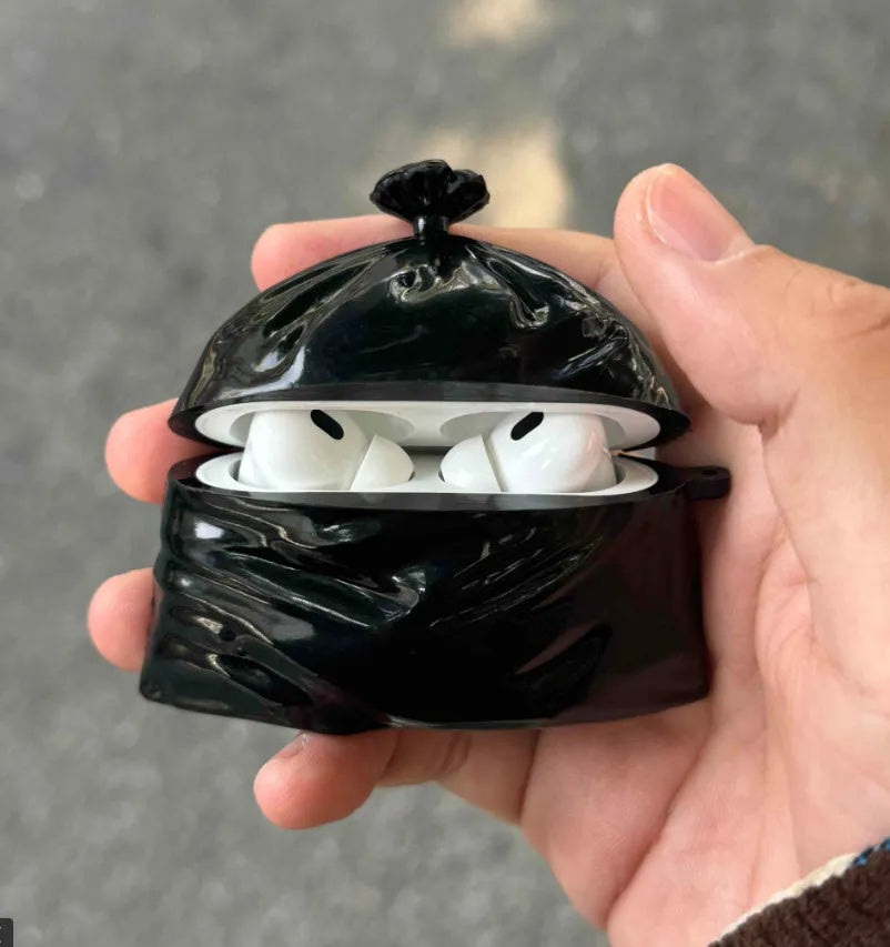 Original black silicone trash bag earphone case soft shell for wireless earbuds handmade cover