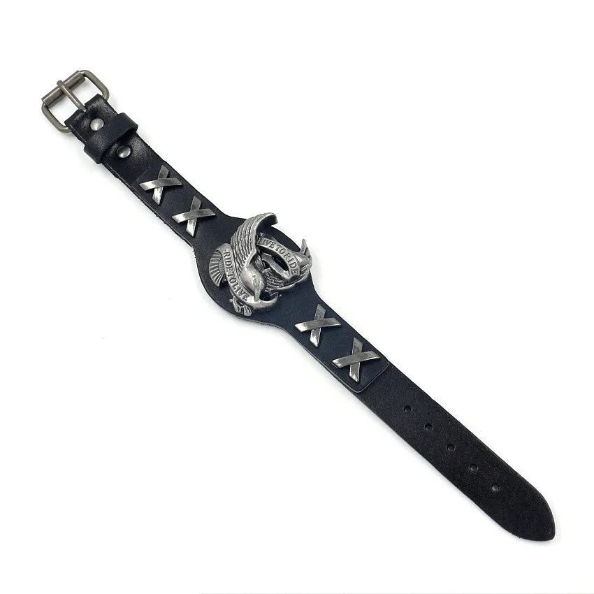 Black geometric leather bracelet with alloy eagle closure, showing adjustable width from 1.7 to 3.8cm