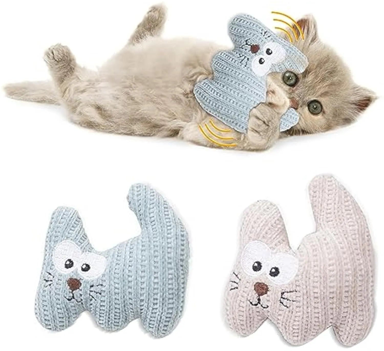 Cyan knitted plush cat toy with bell and organic catnip filling on a white background.