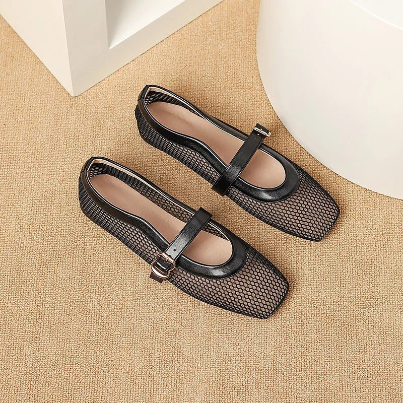 Women's mesh breathable summer shoes with buckle fastening and flat low heel
