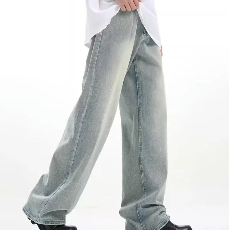 Blue retro loose casual trousers with rabbit fur fabric elastic material shown on mannequin