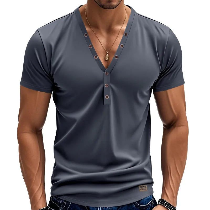 Men's loose V-neck pullover top with button design in light blue colour