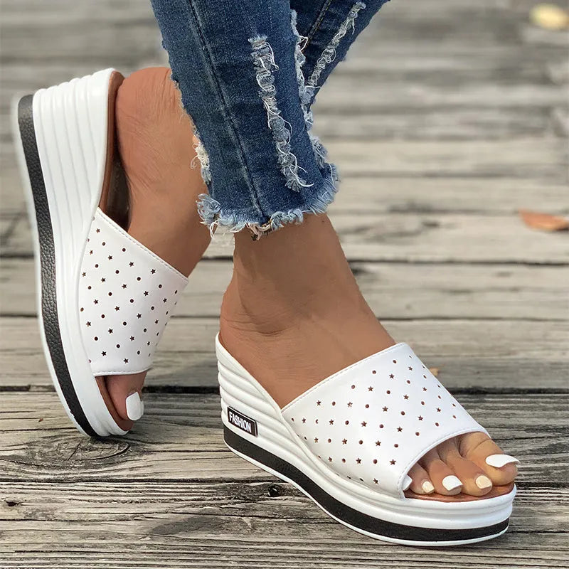 Women's fish mouth wedges sandals with hollow design high heel, PU upper, rubber sole, in black/white