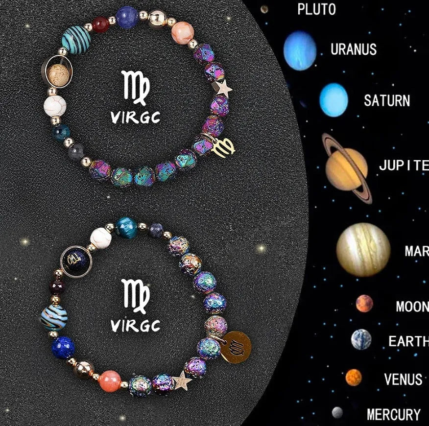 Pair of natural stone beaded bracelets with zodiac charms on an adjustable cord.