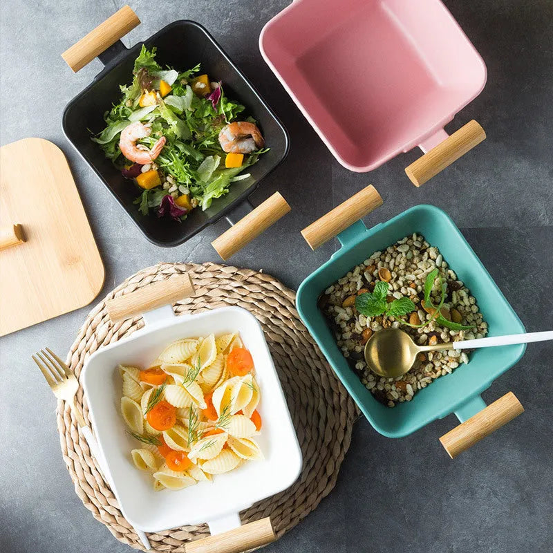 Modern irregular-shaped porcelain ceramic serving bowl with matching lid
