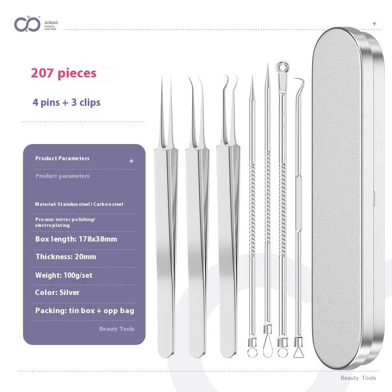 Four-piece silver metal acne needle set with fine-pointed needles and a clip for skin blemish removal.