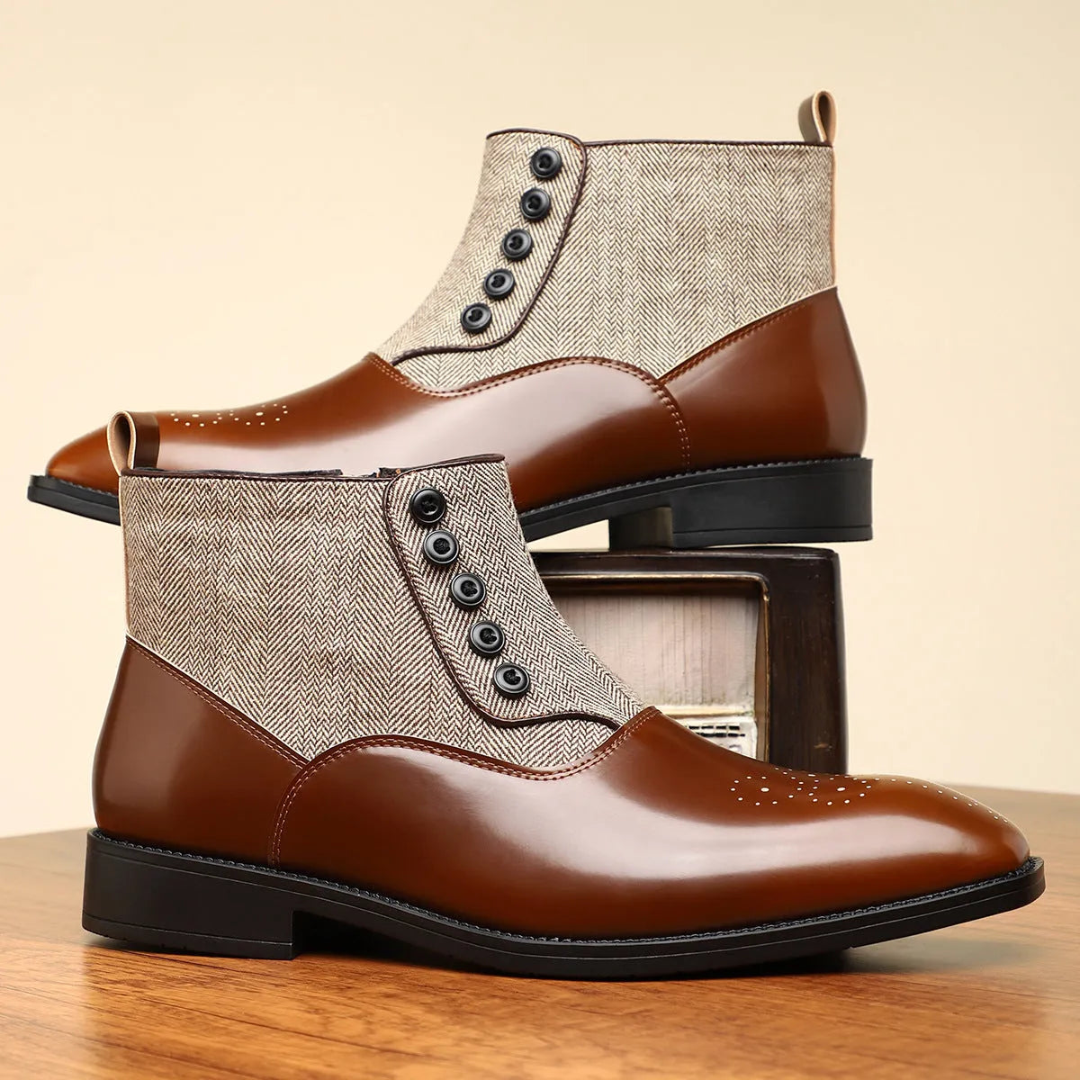 Men's brown and green retro formal leather-style shoes with side zipper and square toe.