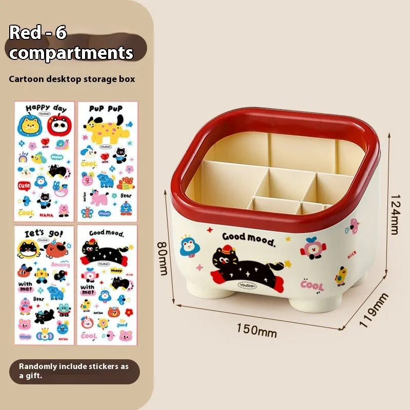 Cartoon-style red and brown plastic desktop storage box with grid compartments for organising pens and stationery.