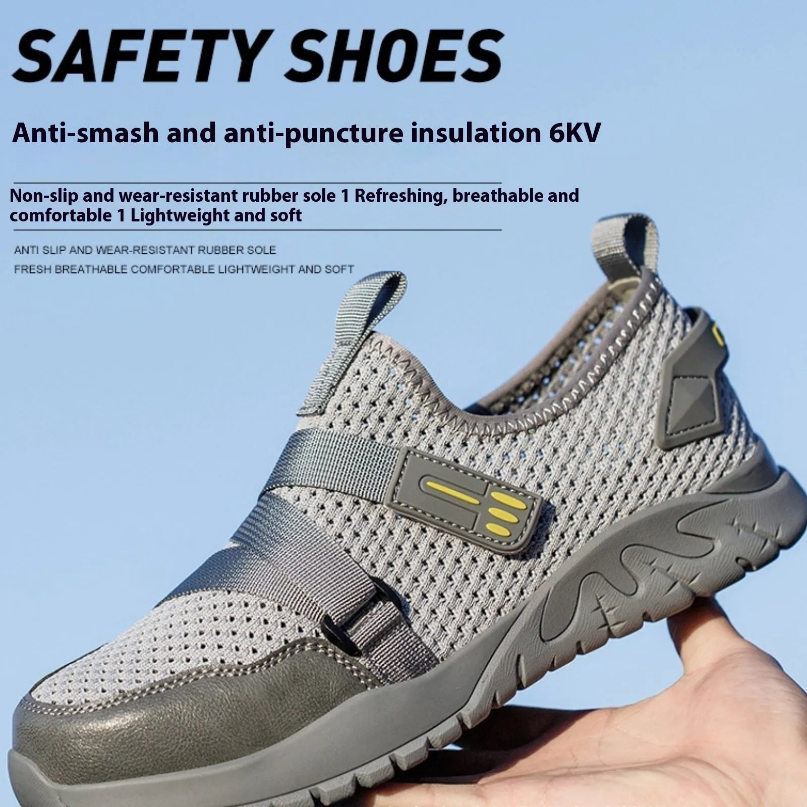 Men's grey anti-smash and anti-puncture work safety shoe with rubber sole.