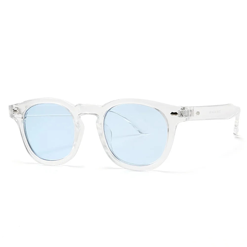 Simple round rim plastic sunglasses shown in a bright black frame with blue lenses on a plain background.