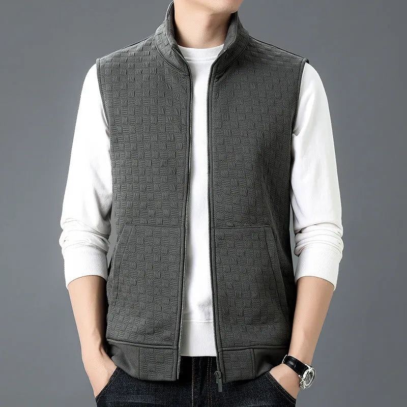 Men's sleeveless cardigan-style vest in a chemical fibre blend, shown in black, brown, khaki, and grey colour options.