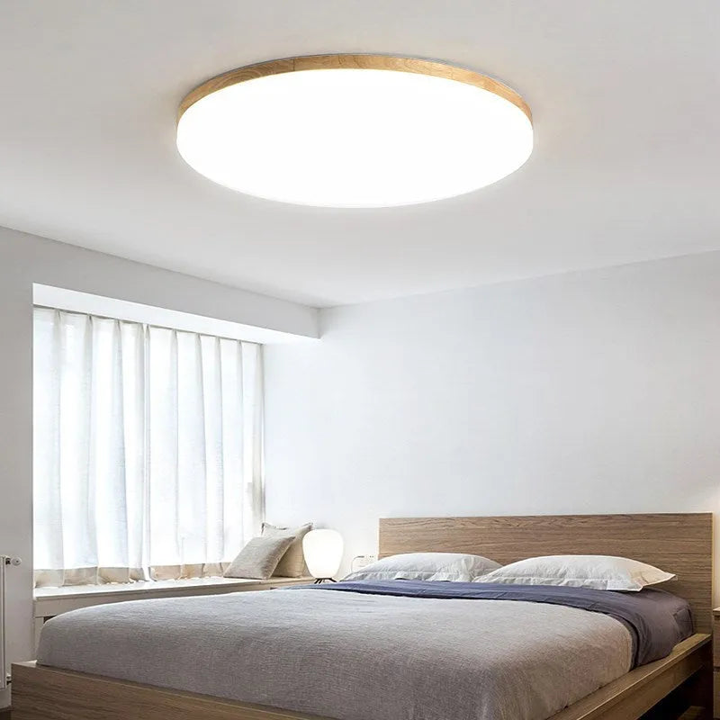 Japanese minimalist LED ceiling lamp with natural wood art body and acrylic lampshade in three size options