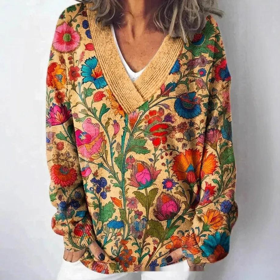Women's art retro V-neck sweatshirt with a detailed 3D floral pattern print on long sleeves.