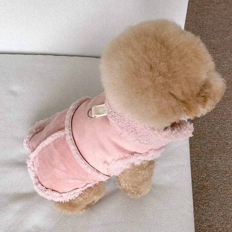 Pet autumn winter traction warm vest in brown, showing back length and slip-on design for small dogs