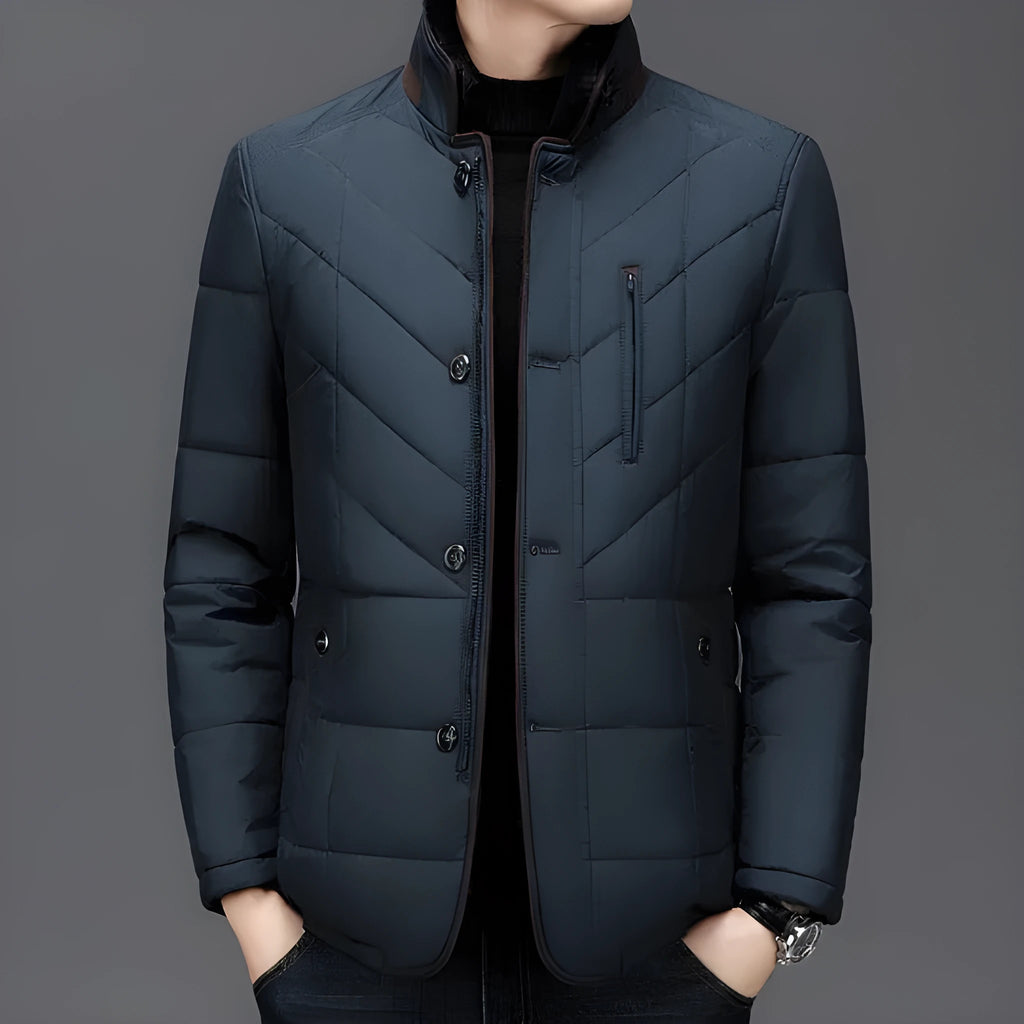 Men's short winter padded coat in dark blue with side seam pockets.