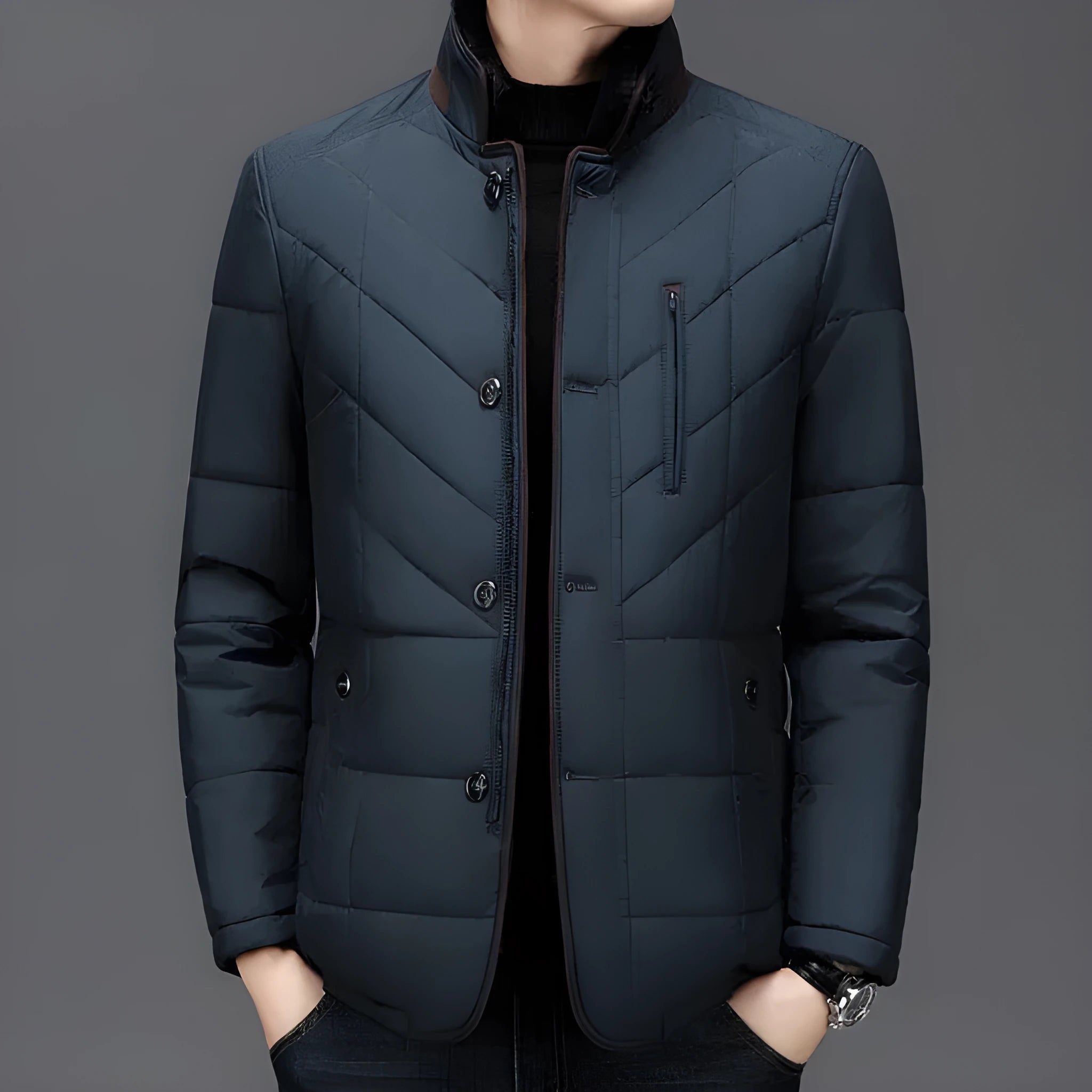 Men's short winter padded coat in dark blue with side seam pockets.