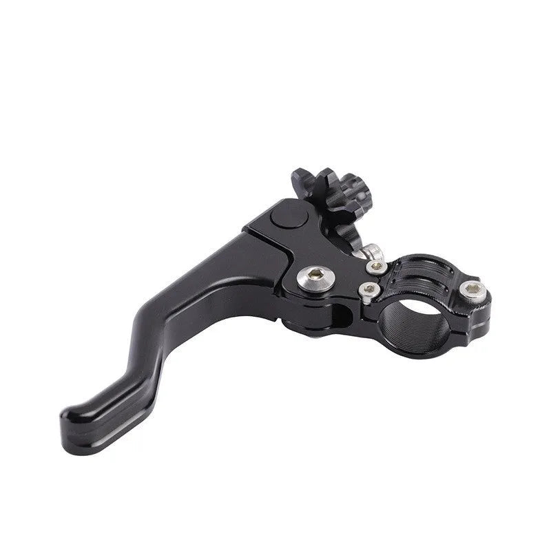 Aluminium motorcycle clutch lever in a selection of eight colours including red, black, silver, and gold.