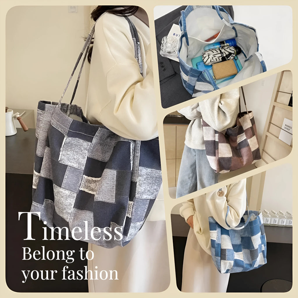 Women's large canvas tote bag in colour-contrast check plaid pattern, horizontal square shape, with slit pocket, in brown
