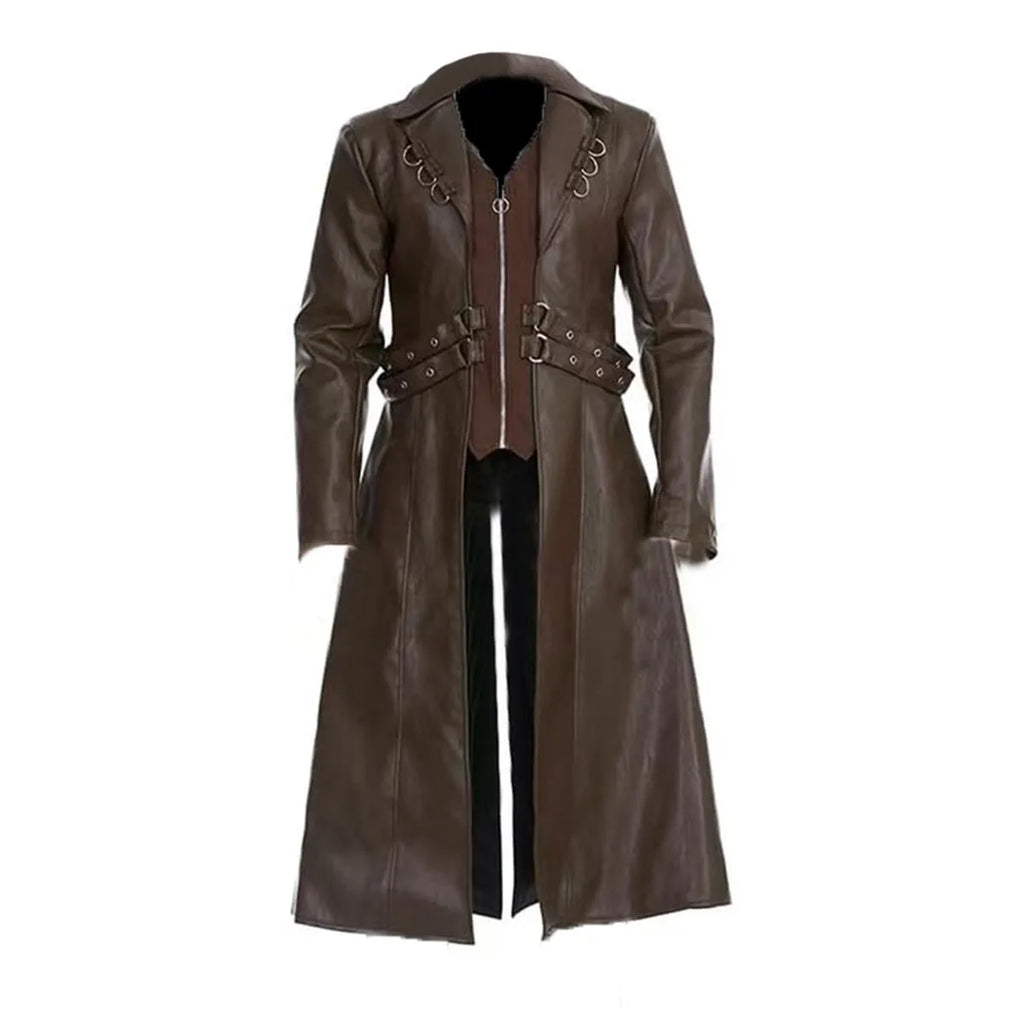 Mid-length PU leather trench coat in Black, retro design, full front view