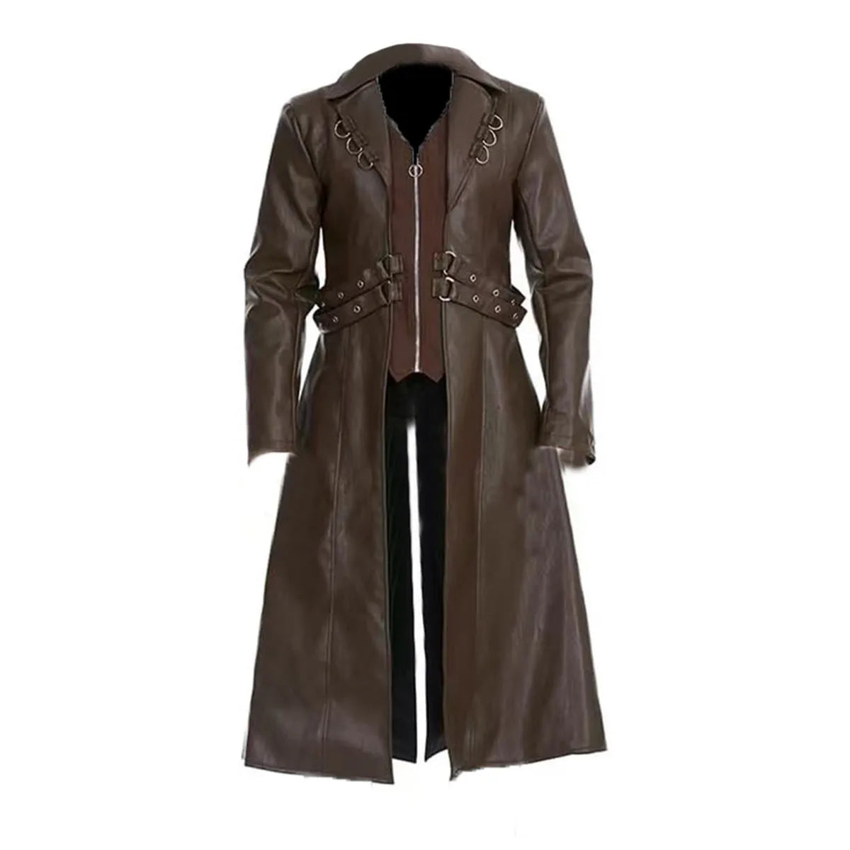 Mid-length PU leather trench coat in Black, retro design, full front view