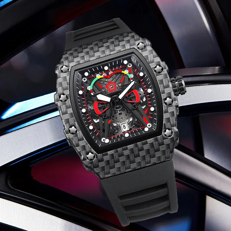 Trendy waterproof luminous men's quartz watch with black shell and red belt, alloy case, 18mm thickness