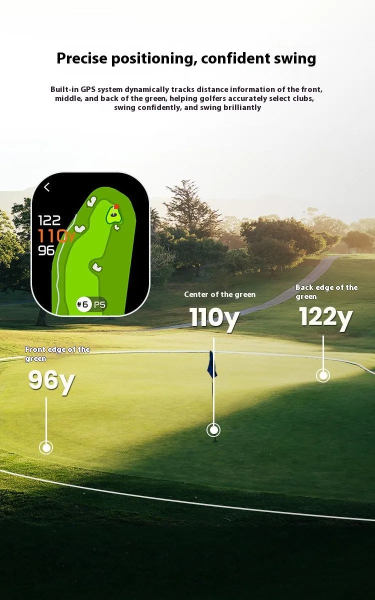 Black GenePro G1 golf GPS laser rangefinder with AMOLED touch screen shown in hand.
