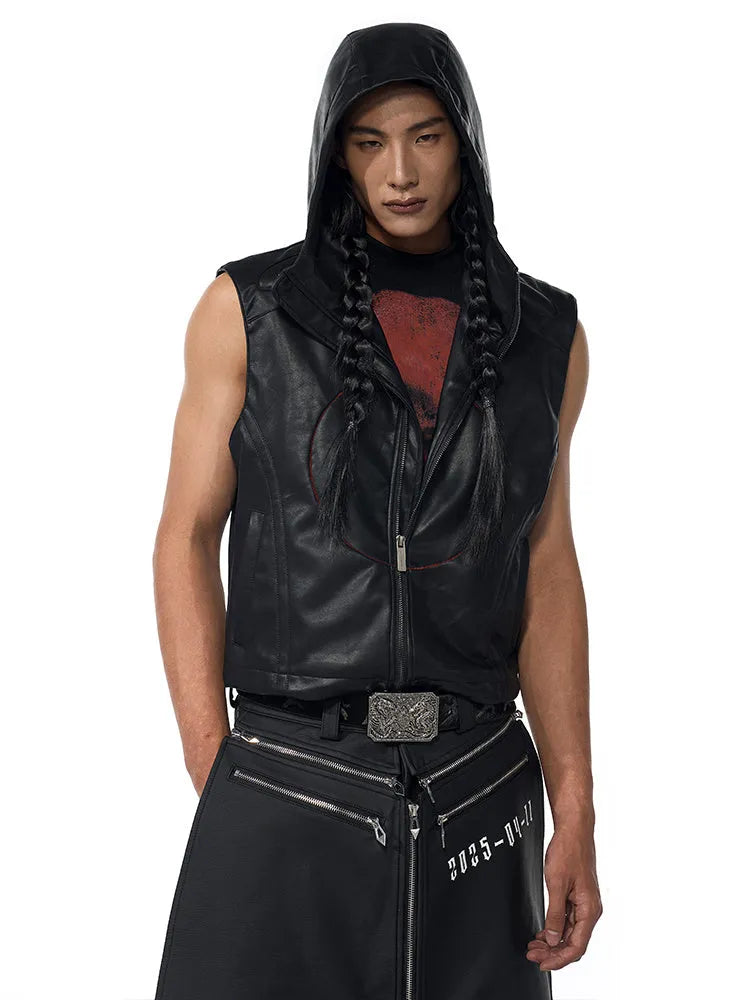 Short hood slim fit PU leather waistcoat in black with five-pointed star motif, men's summer wear