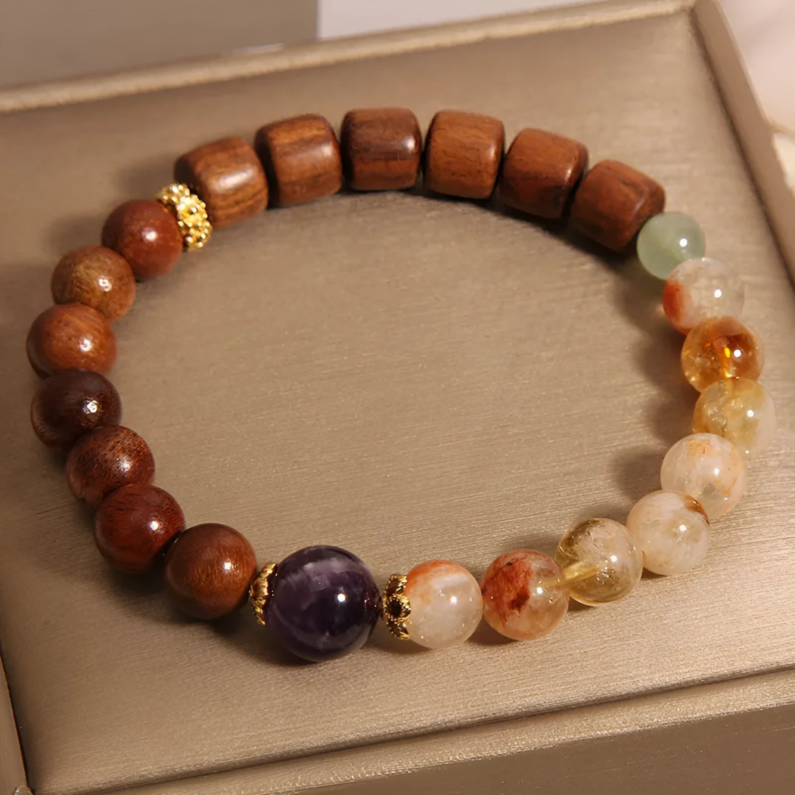 Women's bracelet with yellow tower crystal, ebony amethyst beads, pearls and rhinestones