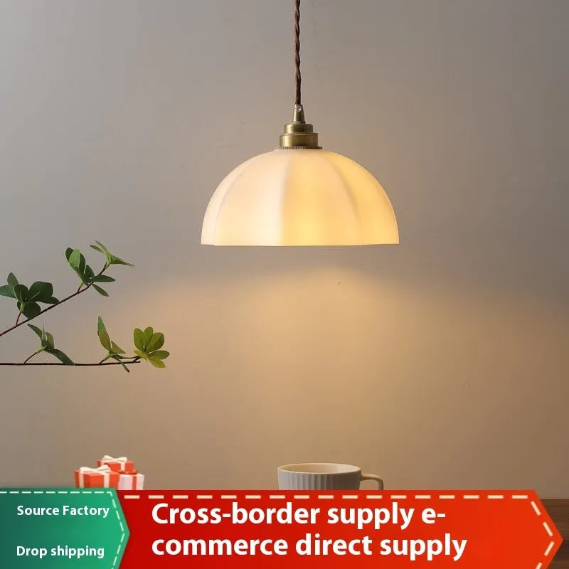 Chinese-style brass indoor droplight with copper glass shade for bedside or study lighting