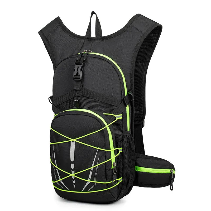 Lightweight breathable mesh hydration backpack in black with reflective details for trail running or mountain biking