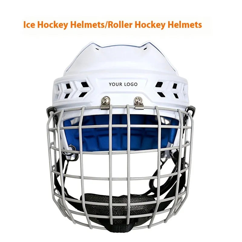 Ice hockey helmet with integrated steel face mask shown in size options S, M, L, XL.