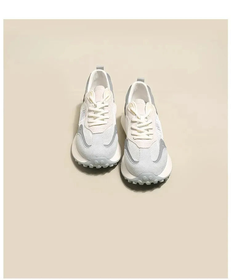 Women's grey and pink retro sneakers with mesh lining and rubber soles, low-top design