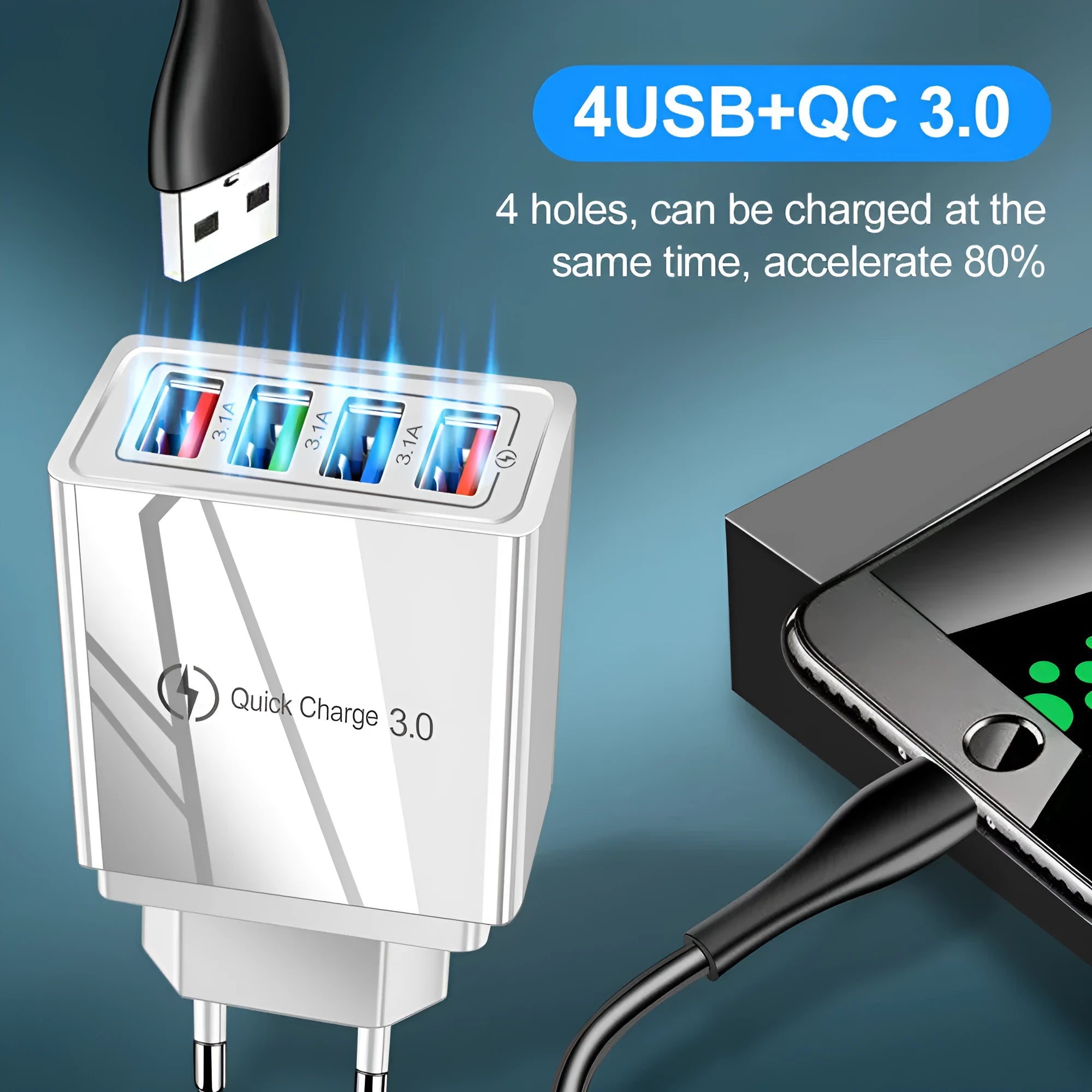 Multi-port USB charging head with four ports, PC+ABS housing in black, white, and blue options