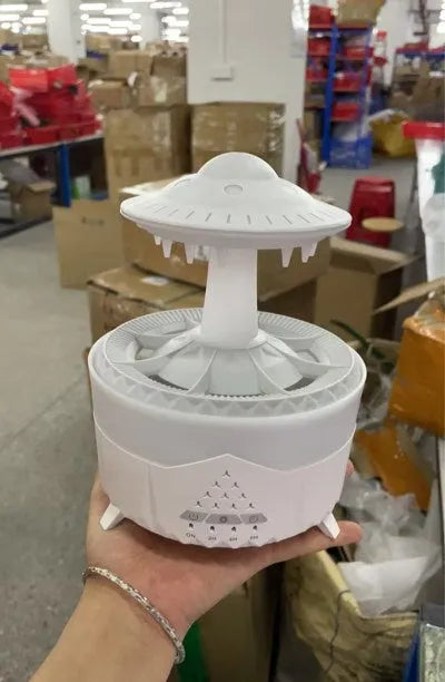 Raindrop humidifier with 350ml capacity, 7 colour nightlight, and essential oil diffuser in white finish