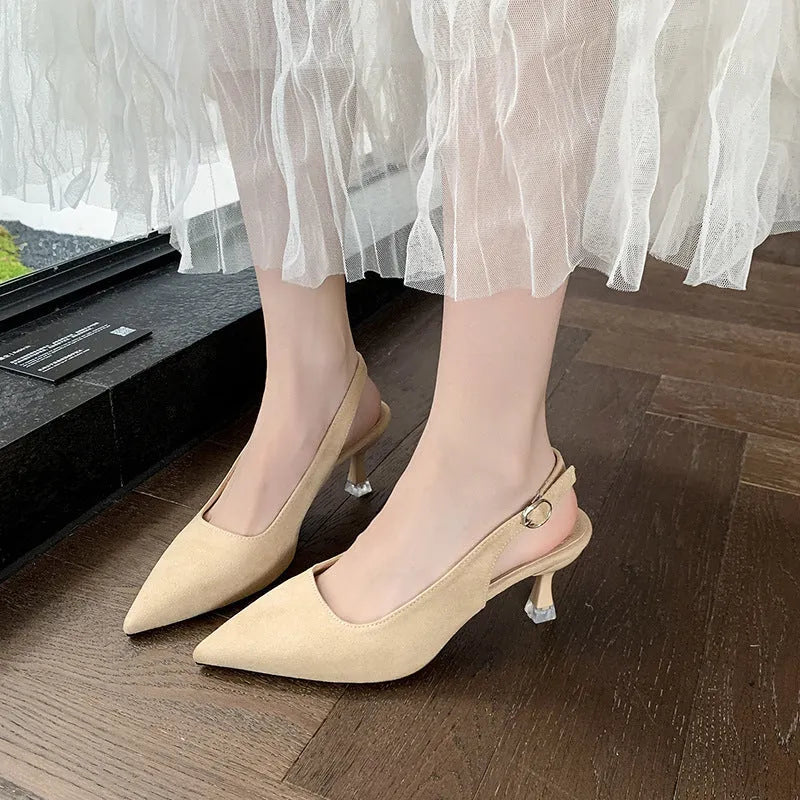 Suede pointed toe stiletto high heels in pink, blue, yellow, and apricot colours