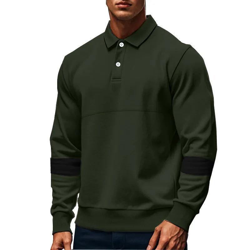 Men's long-sleeved lapel polo shirt with button front in five colour options including khaki and black