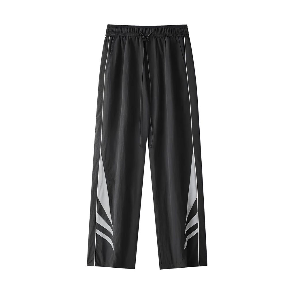 Men's straight-leg casual trousers in black or grey, featuring an elastic waist and thin summer fabric.